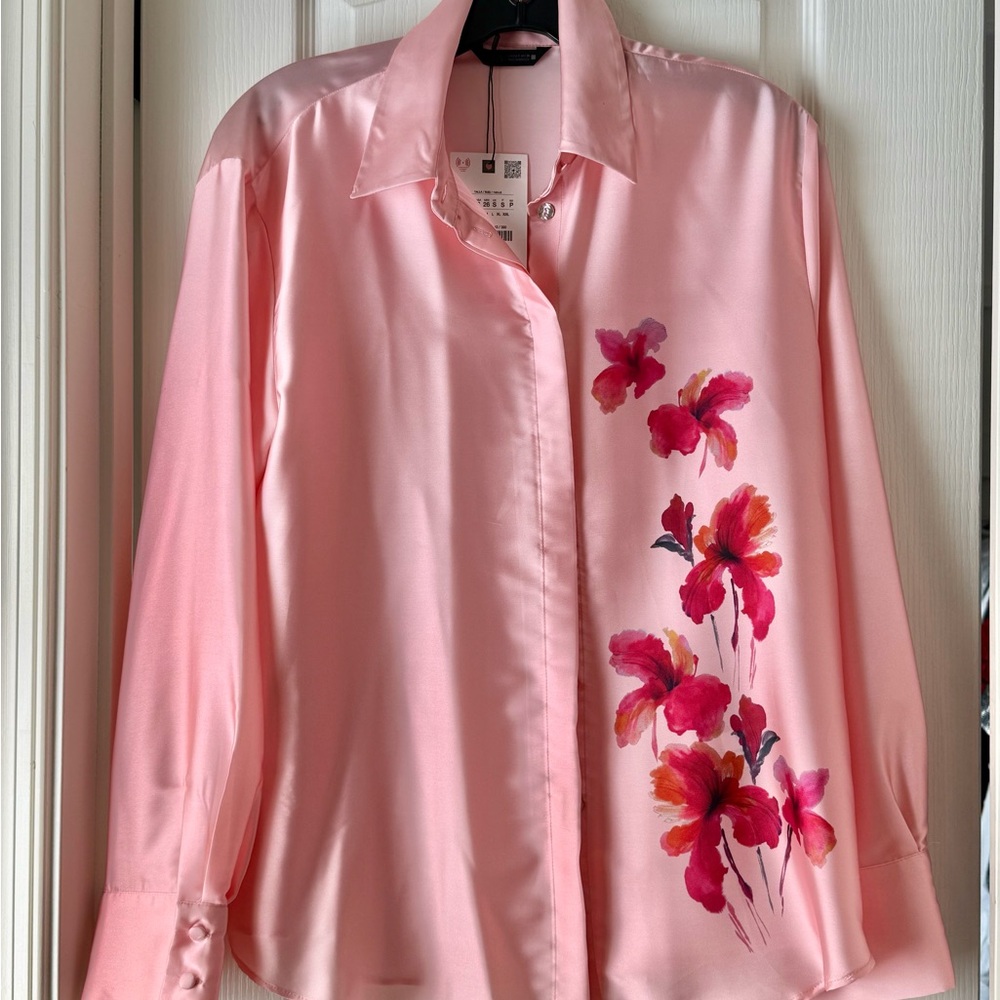 Zara Pink Floral Button Down Shirt